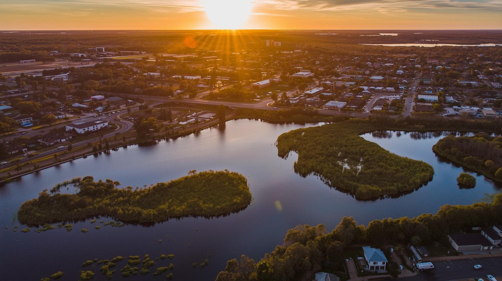 Aerial view of Lakeland, Florida with lakes and downtown at golden hour