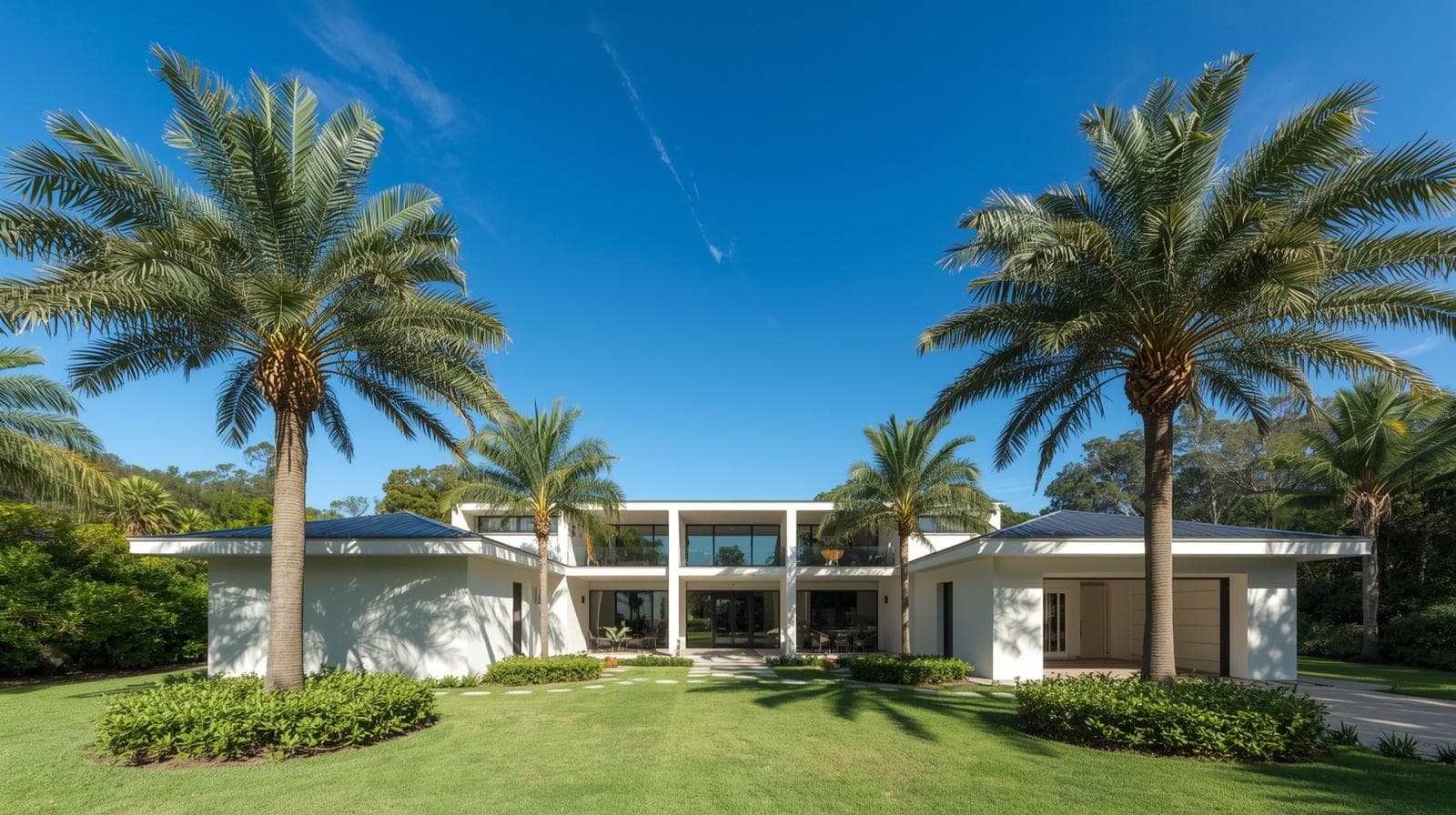 Modern Florida home with palm trees and blue sky