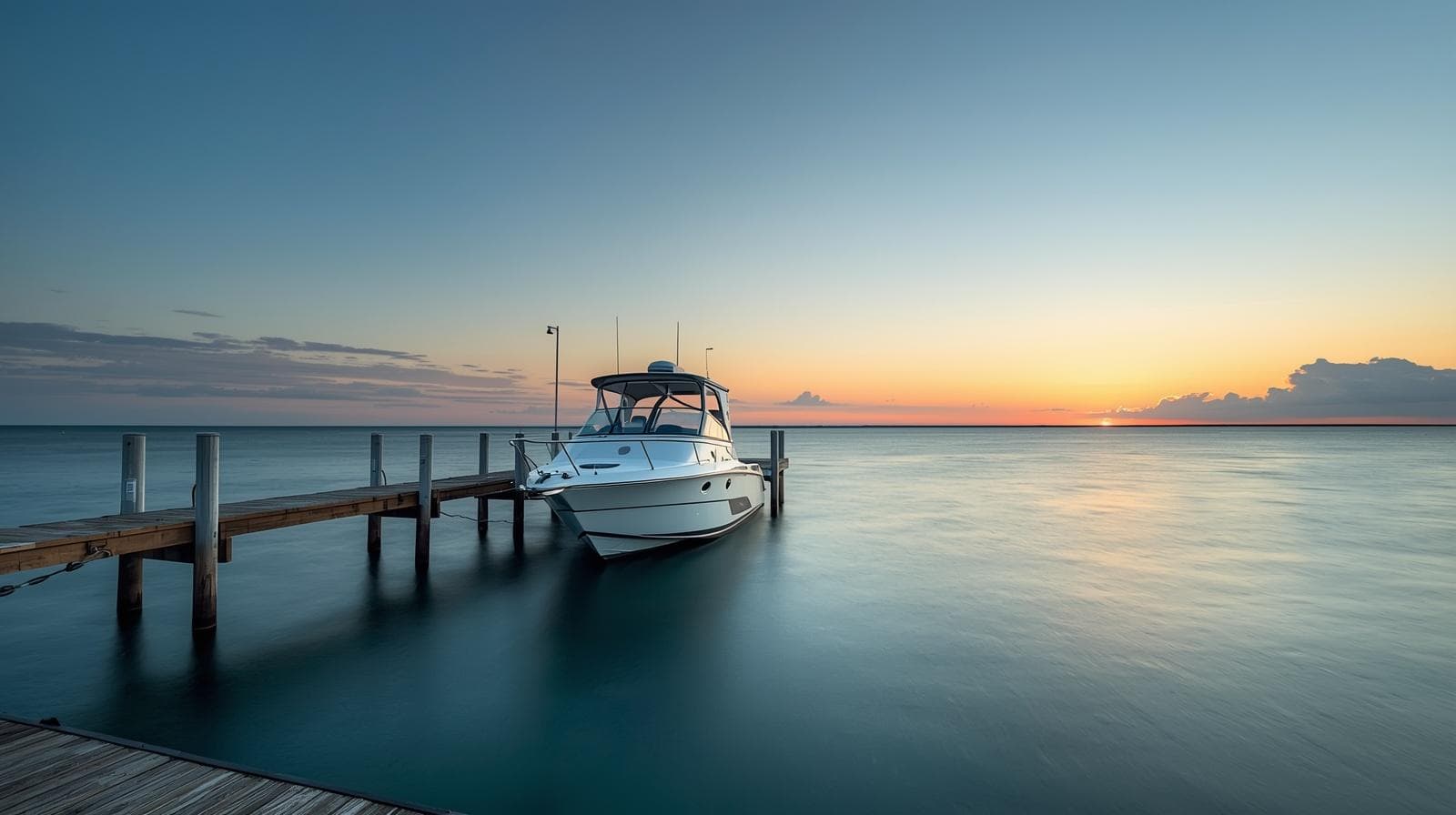 Boat docked at a Florida marina at sunset