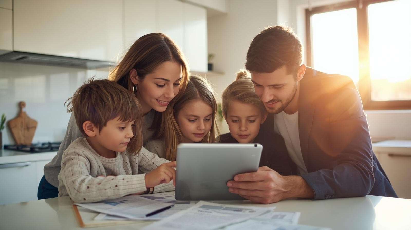 Young family reviewing documents together in a bright modern kitchen