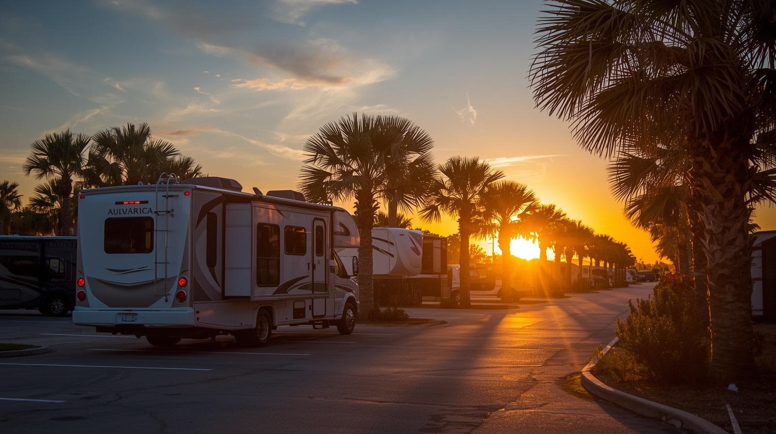 RV parked at a Florida campground with palm trees at sunset